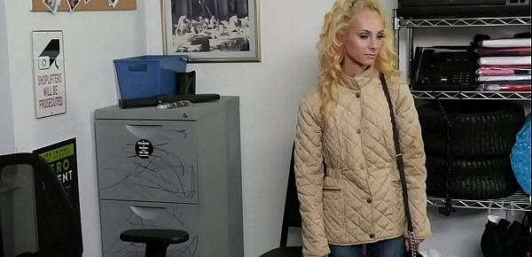  Shoplifter blondie is sitting on a huge cock at the security office.